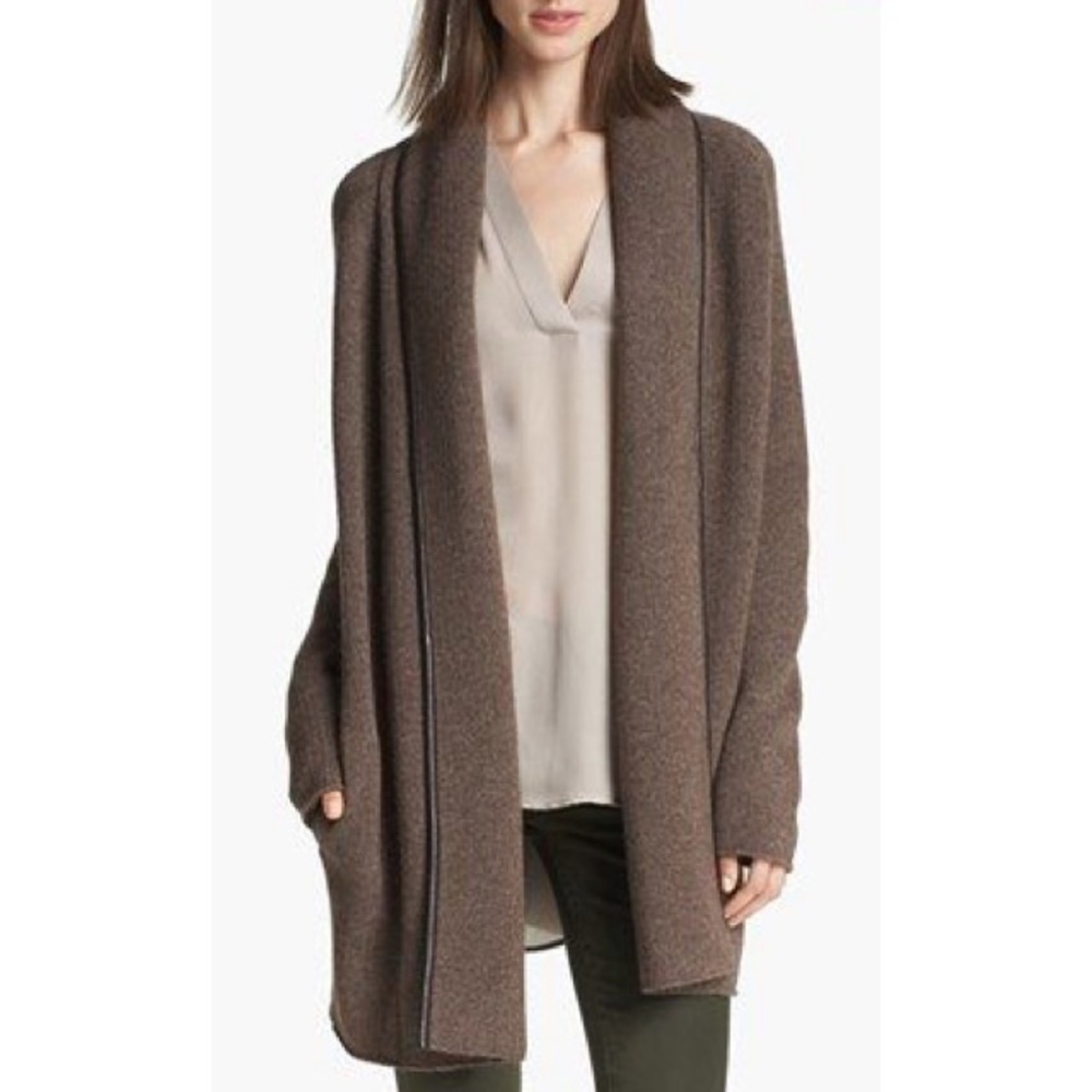 Vince Brown Wool Alpaca Cashmere Leather Trim Blanket Open Cardigan Sweater Xs